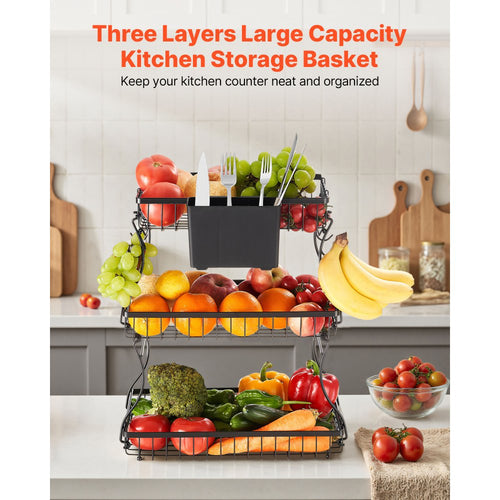 Vevor Fruit Basket 3-Tier Countertop Storage Stand with Banana Hangers New