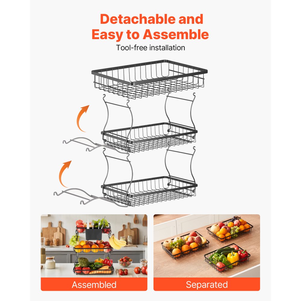 Vevor Fruit Basket 3-Tier Countertop Storage Stand with Banana Hangers New
