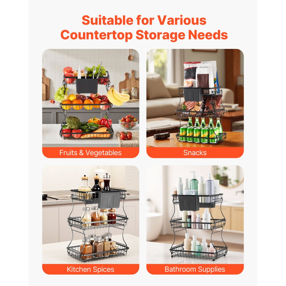 Vevor Fruit Basket 3-Tier Countertop Storage Stand with Banana Hangers New