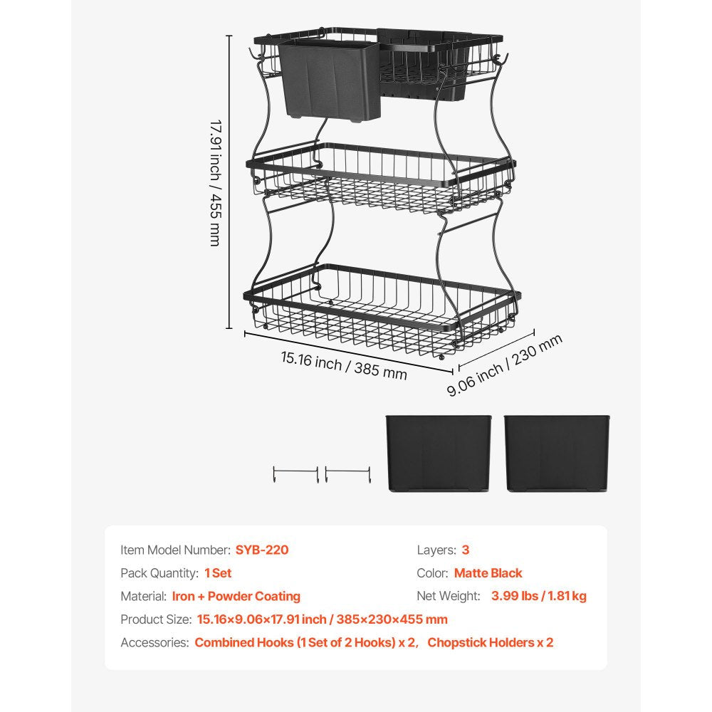 Vevor Fruit Basket 3-Tier Countertop Storage Stand with Banana Hangers New