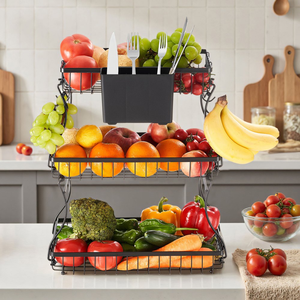 Vevor Fruit Basket 3-Tier Countertop Storage Stand with Banana Hangers New